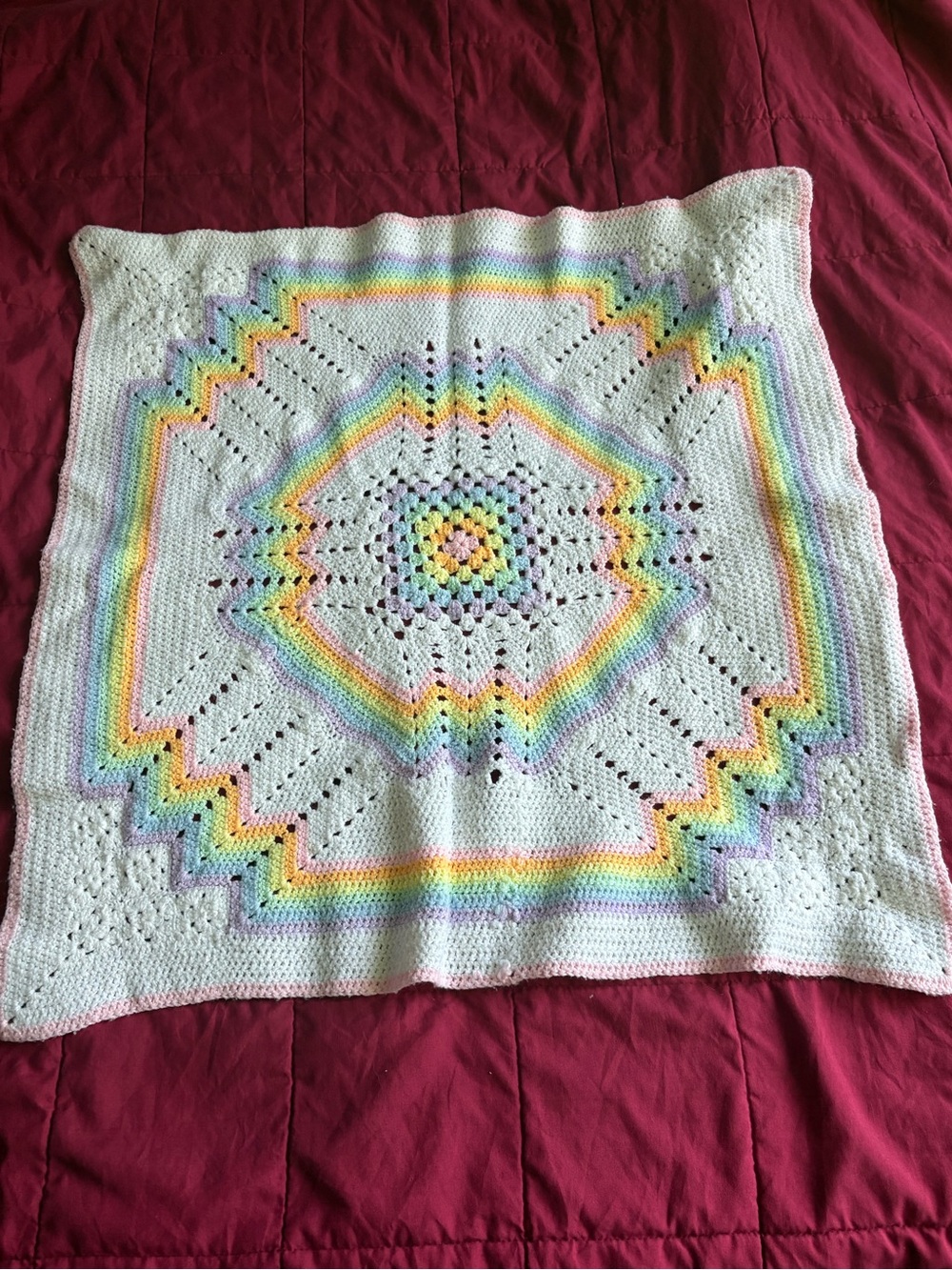 Handmade White Baby Crochet Blanket with Pastel Rainbow Accent